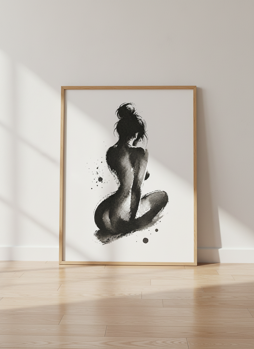 Zen Ink Wash Woman Figure Wall Art Print | Bedroom Decor | Minimalist Poster | Nude Female Painting