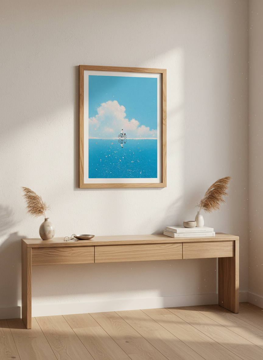 Bicycle Sky Reflection | Blue Minimalist Impressionist Art, Bedroom Nursery Poster