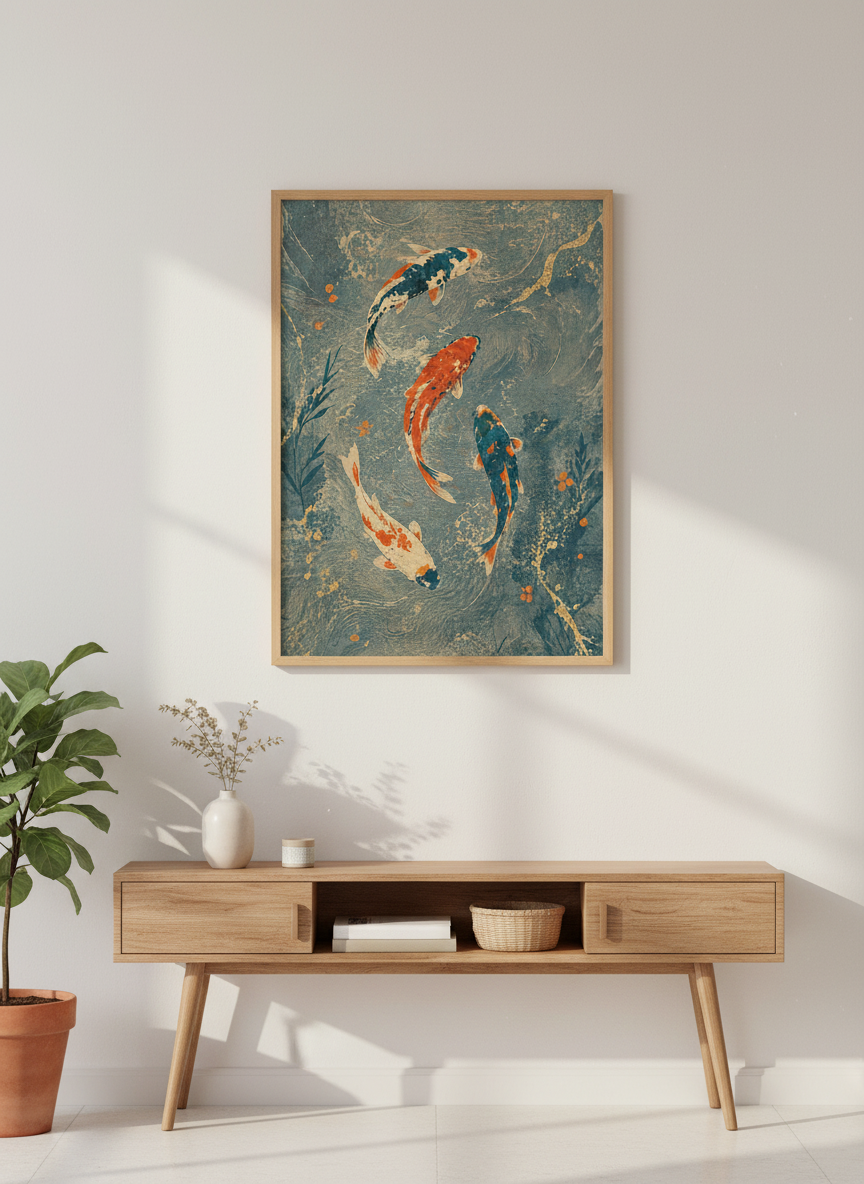 Japanese Koi Fish Wall Art Print | Teal & Gold Zen Decor | Asian Style Poster