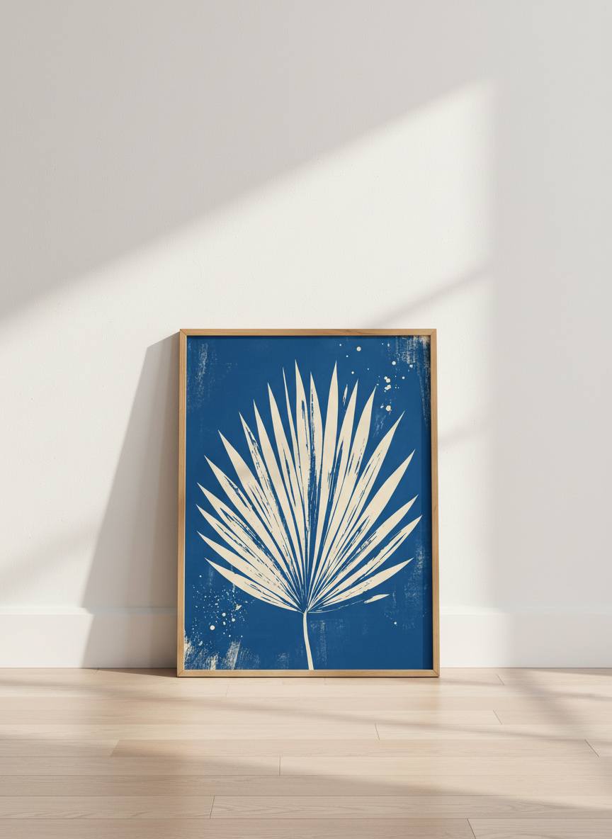 Palm Leaf Wall Art | Blue Botanical Print, Coastal Living Room Decor