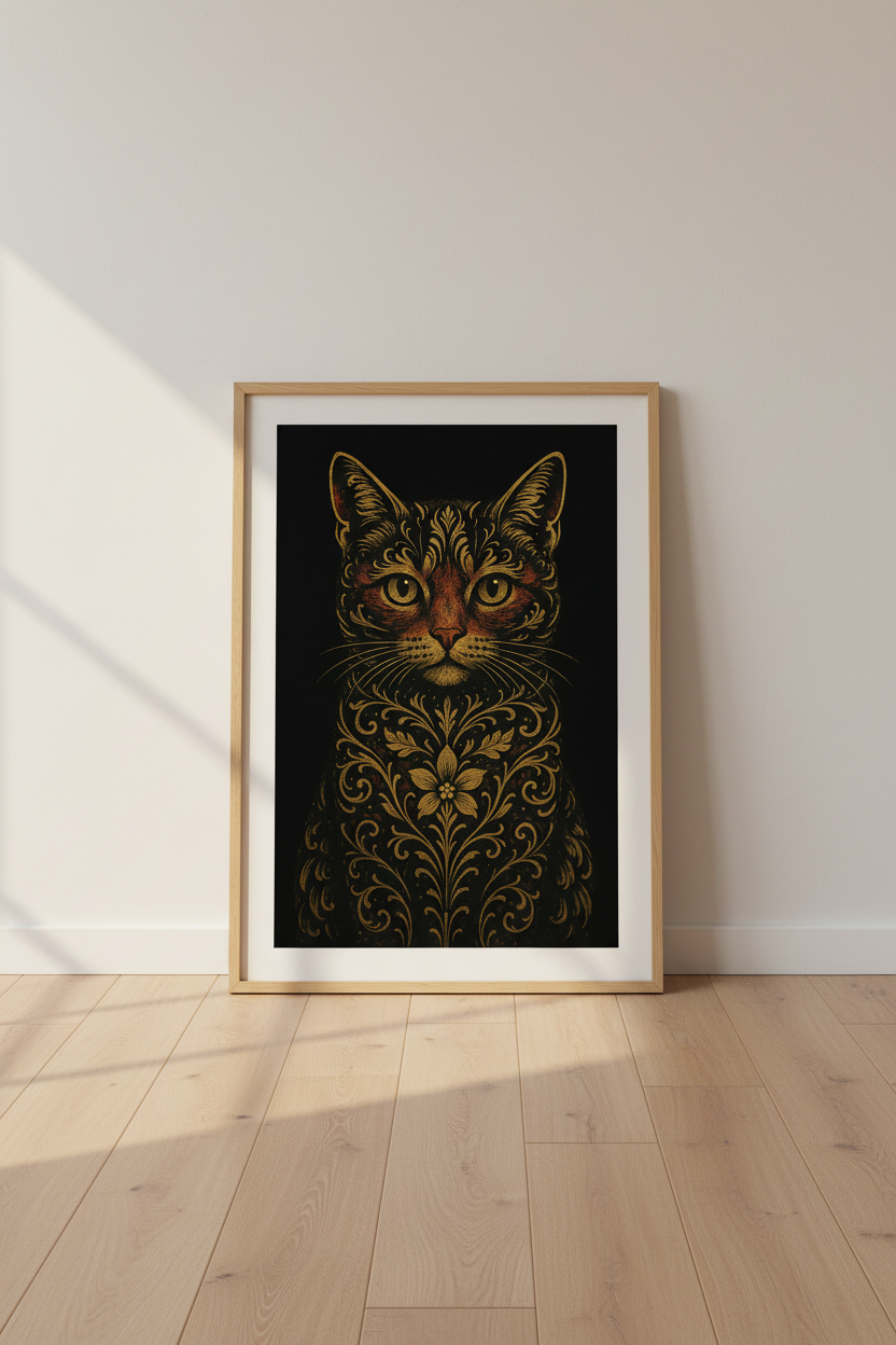 Ornate Cat Wall Art Print | Boho Bedroom Decor | Maximalist Pet Lover Framed Poster | Gold Animal Ready to Hang Art