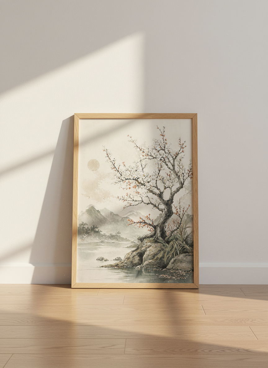 Cherry Blossom Tree Wall Art | Japanese Ink Style Landscape, Zen Living Room Decor