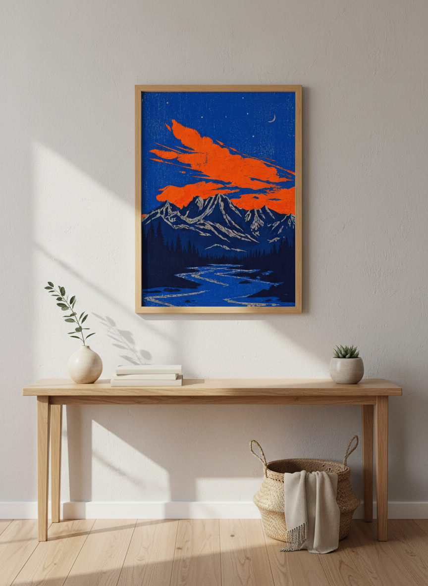 Rustic Mountains Print | Vibrant Landscape Wall Art, Indie Room Decor