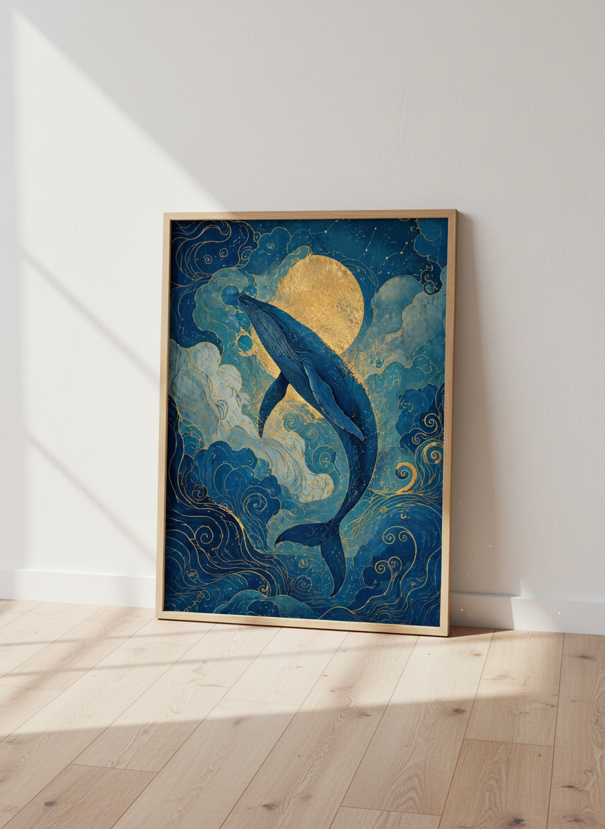 Celestial Whale Wall Art | Gold Moon Navy Poster | Ethereal Bedroom Decor