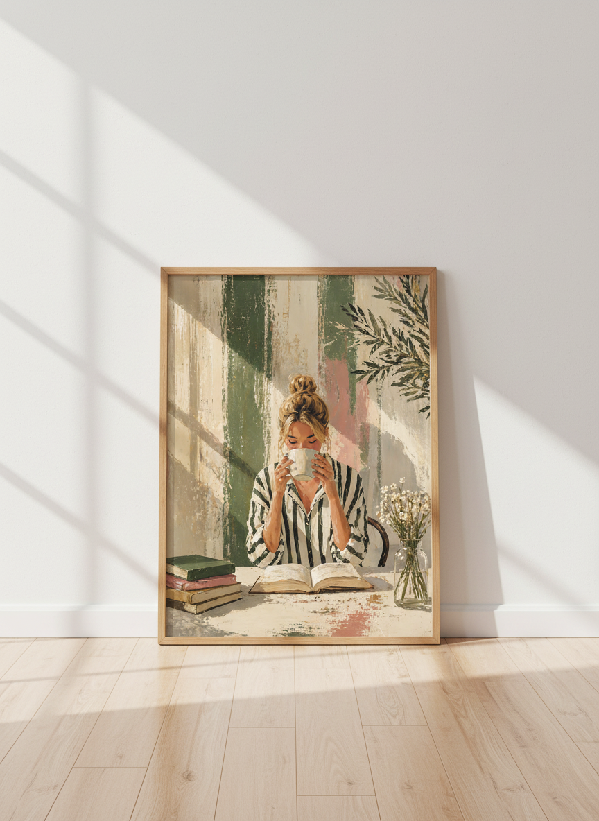 Woman Reading & Coffee Art | Earthy Green Pink Canvas Print, Cozy Bedroom Decor