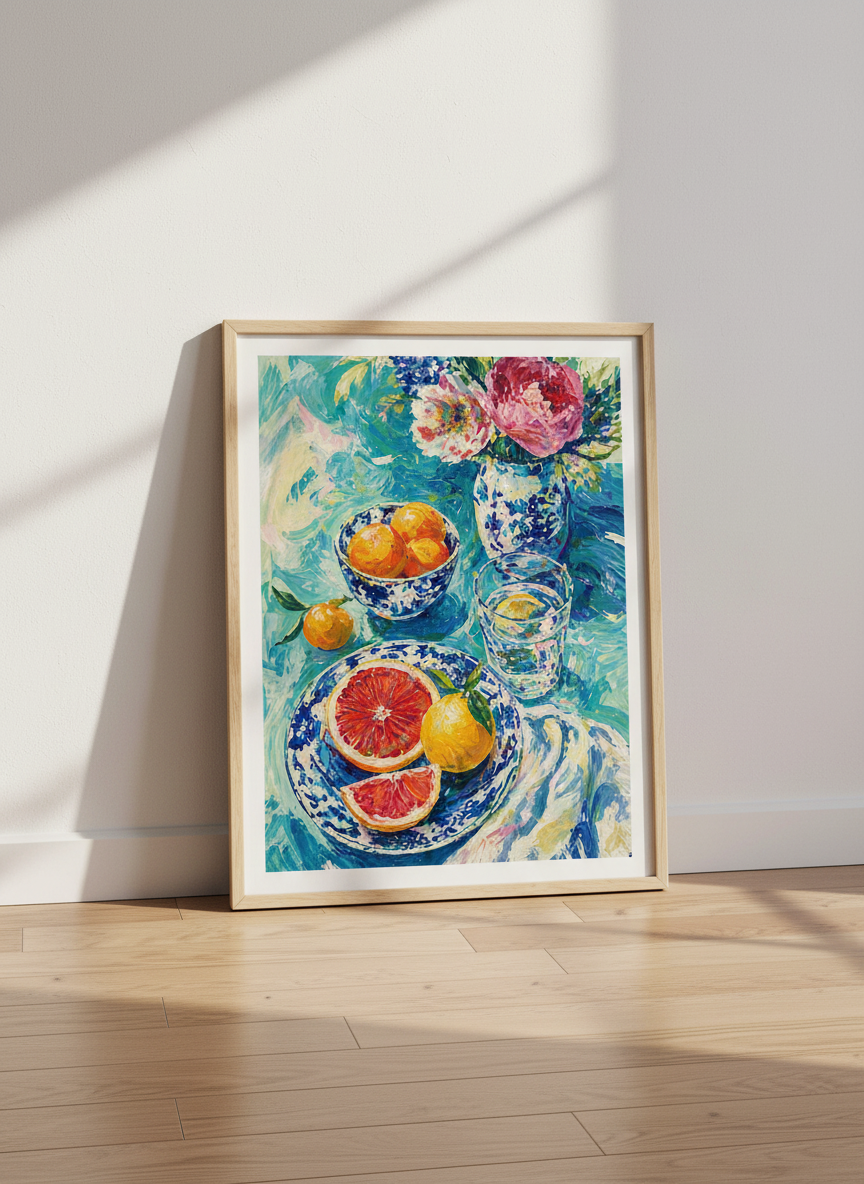 Grapefruit & Peonies Still Life | Vibrant Teal Floral Oil Painting, Kitchen Decor Poster