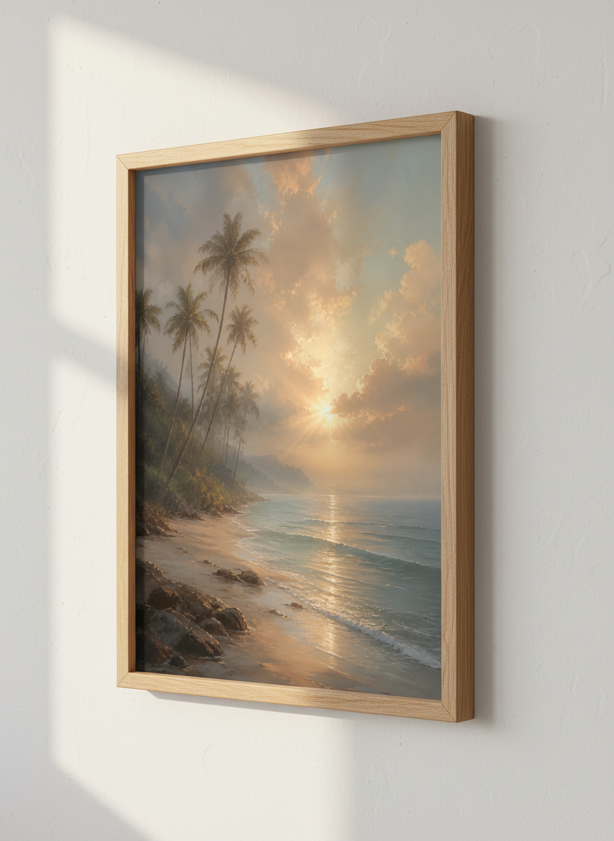 Tropical Beach Sunset Wall Art | Golden Coastal Palm Tree Decor | Aesthetic Poster