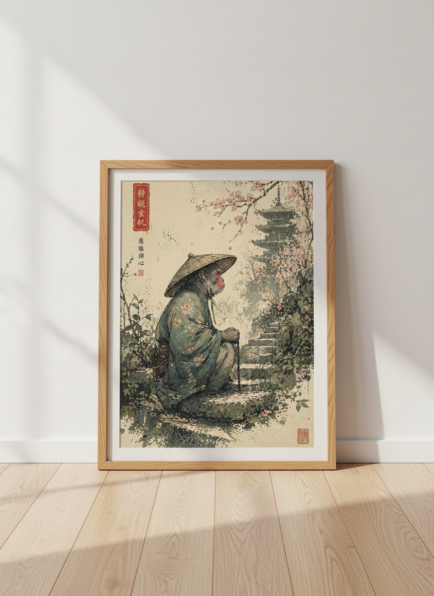 Japanese Monkey Monk Wall Art | Zen Pagoda & Cherry Blossom, Japandi Decor