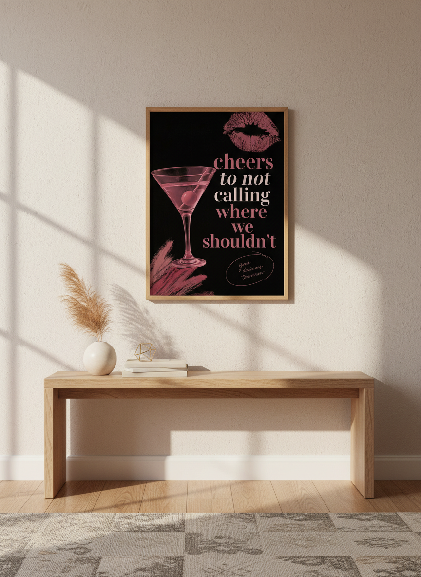 Funny Cocktail Print | Martini Quote Art, Bar Cart Decor, Pink Lips Wall Art