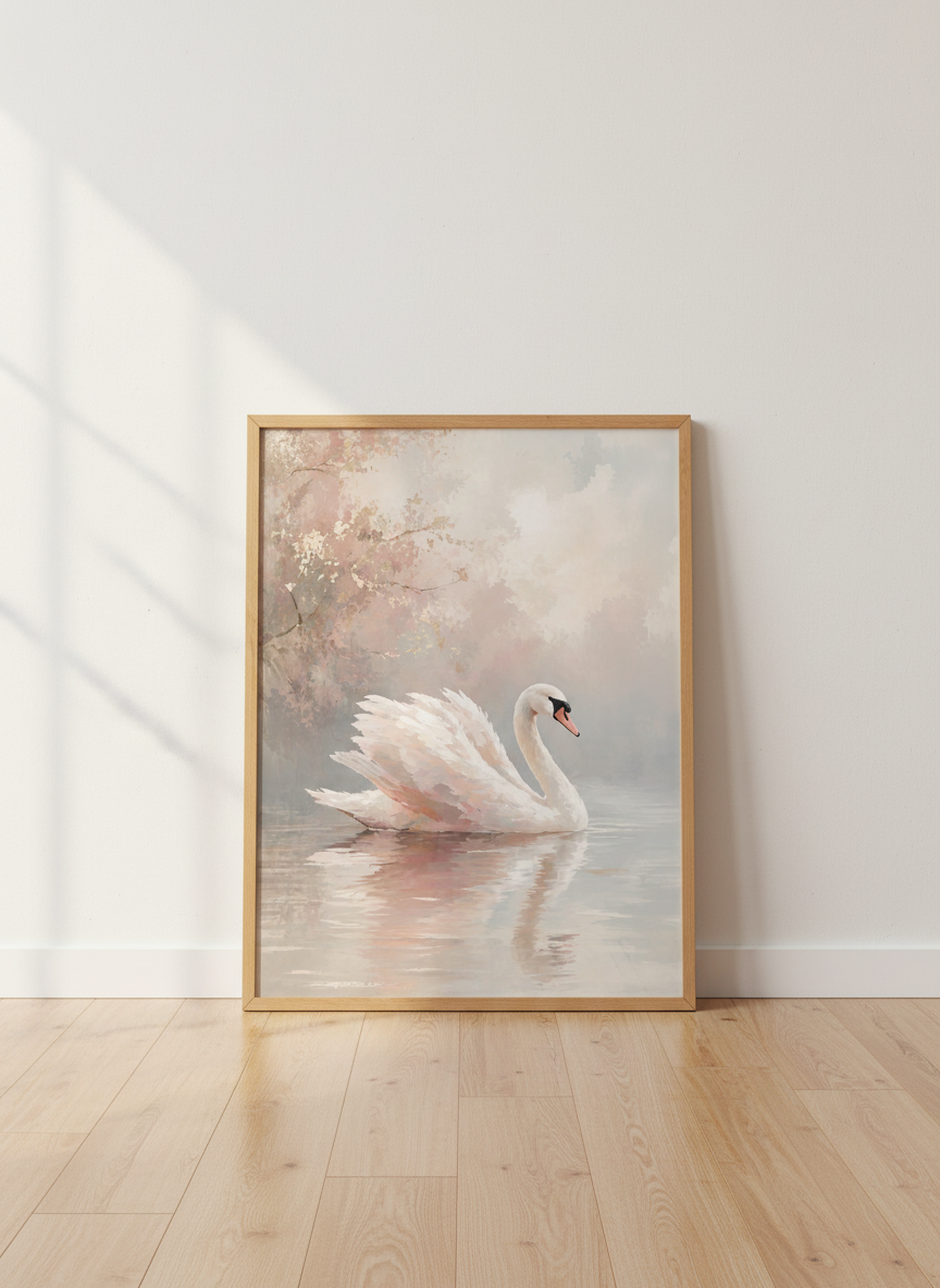 White Swan | Blush Pink & Gold Leaf Painting, Romantic Nursery & Bedroom Wall Art