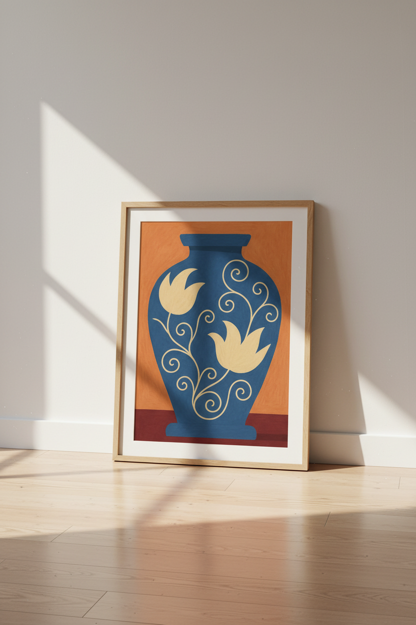 Boho Floral Vase Wall Art Print | Mid Century Modern Decor | Framed Living Room Poster | Ready to Hang Art