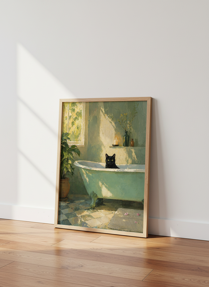 Black Cat in Bathtub | Sage Green Impressionist, Bathroom Decor Wall Art