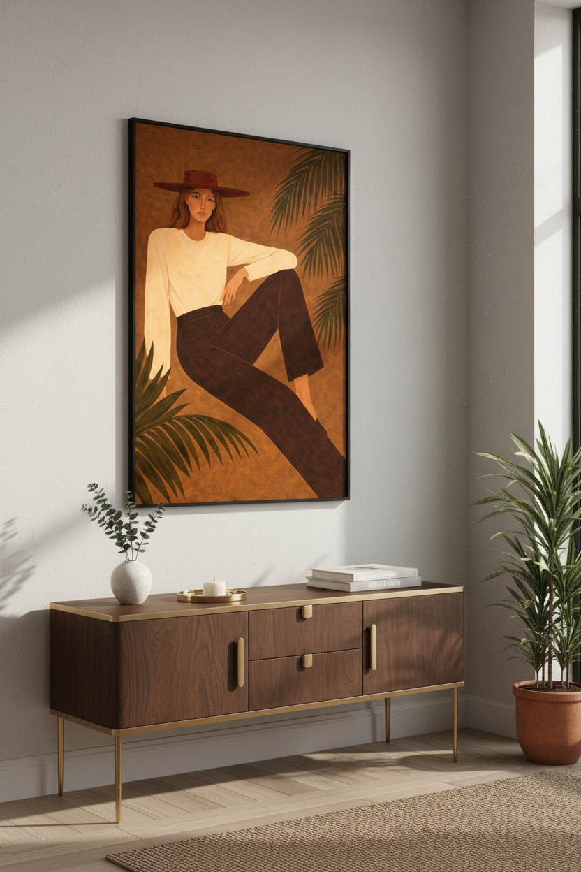 Boho Woman Portrait Framed Art Print | Living Room Decor | Mid-Century Modern Abstract Girl Wall Art | Ready to Hang Poster