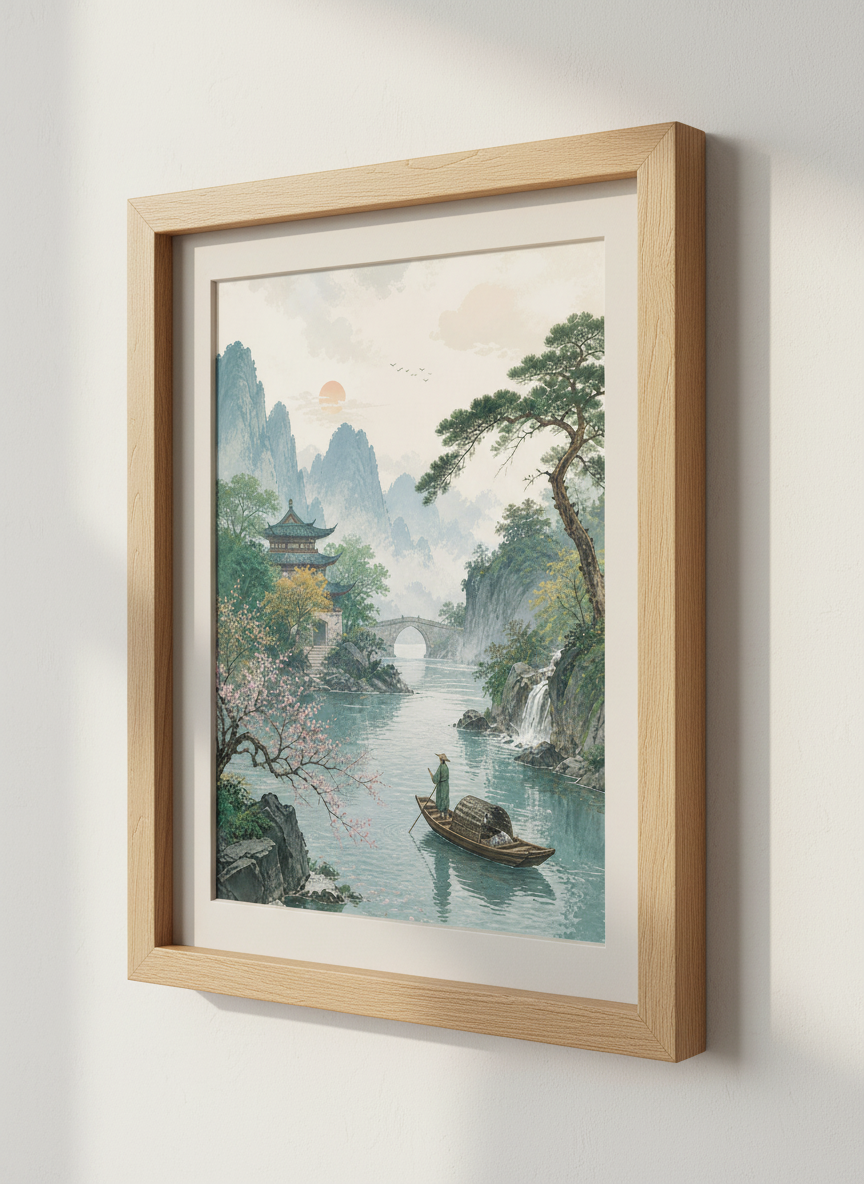Japanese Landscape River Wall Art | Zen Mountain Pagoda Print, Home Office Decor