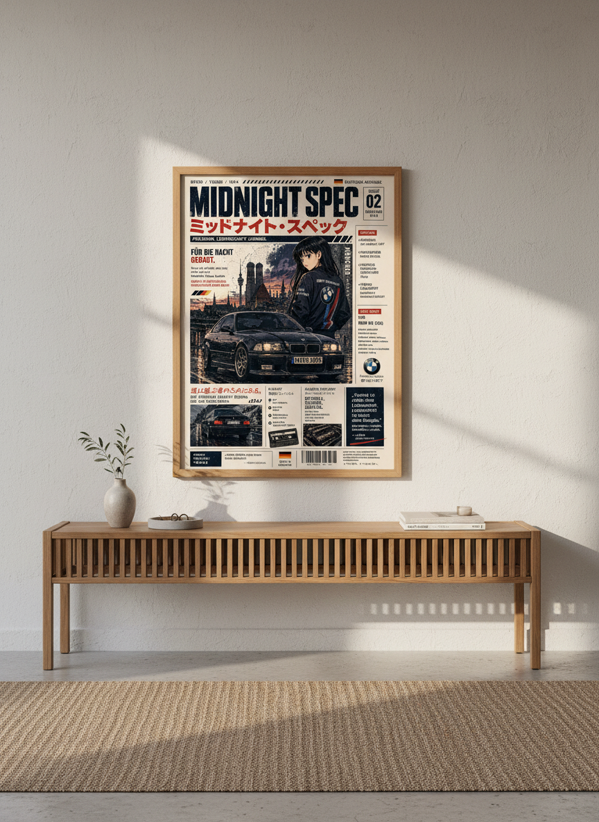 JDM Anime Car Poster | E36 M3 Wall Art, Garage Decor | Vaporwave Aesthetic Print