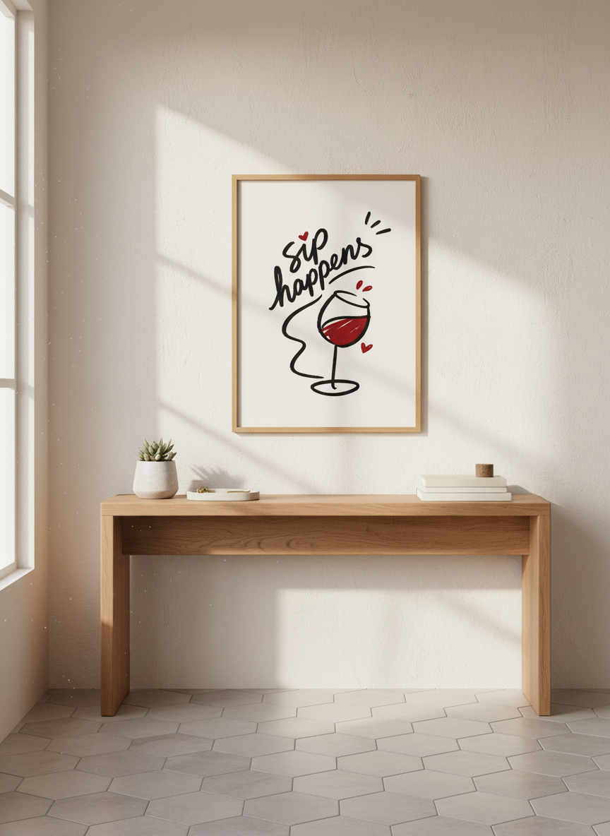 Sip Happens Wine Art Print | Kitchen Bar Decor, Funny Quote | Digital & Physical