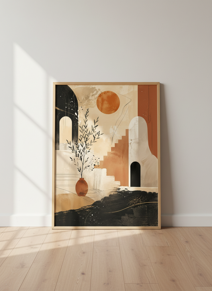 Abstract Mediterranean Architecture Wall Art | Boho Terracotta Poster, Living Room Print
