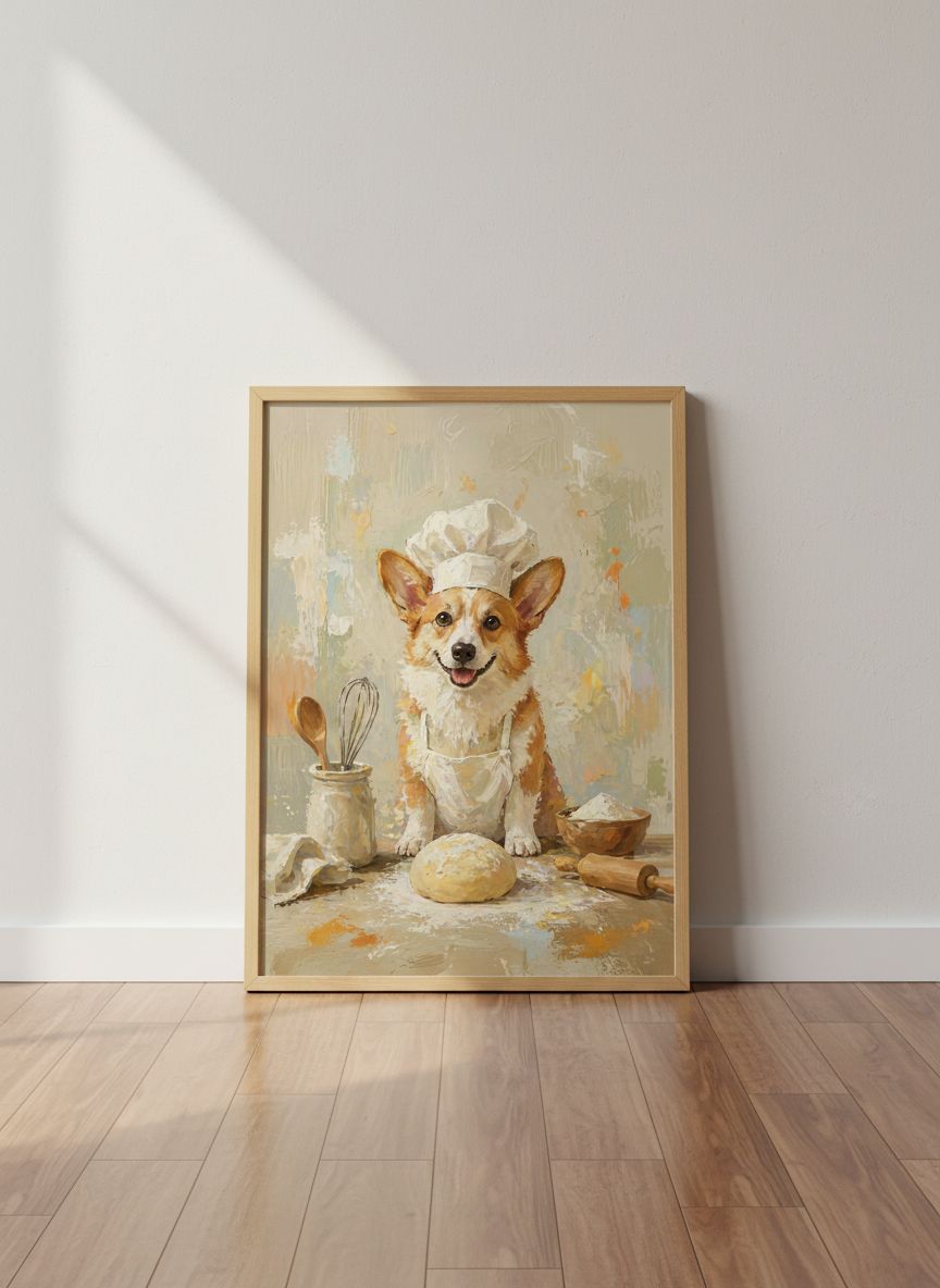 Chef Corgi Baking Wall Art Print | Kitchen Decor | Whimsical Dog Poster