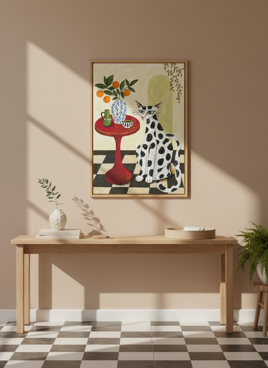 Cat Art Print | Whimsical Polka Dot Feline, Maximalist Home Decor, Quirky Pet Gift