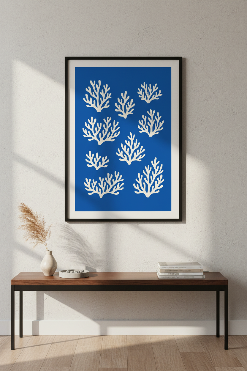 Minimalist Coral Wall Art Print | Coastal Bathroom Decor | Ocean Blue & White Aesthetic Framed Poster