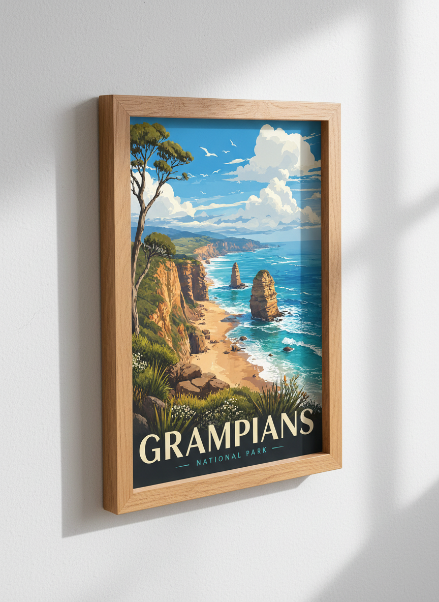 Grampians National Park Travel Poster | Australia Coastal Wall Art, Blue Beach Decor