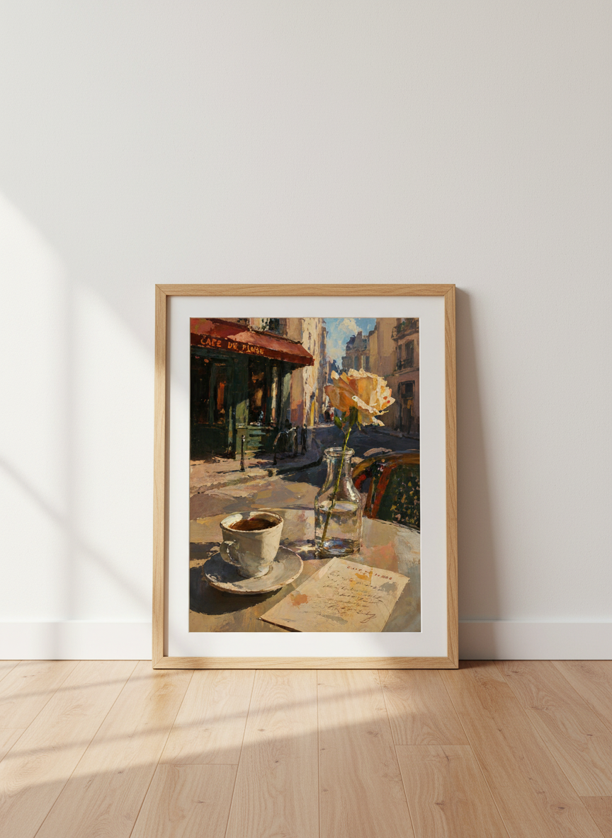Paris Cafe Scene | Impressionist Coffee & Rose Oil Painting, Kitchen Wall Art