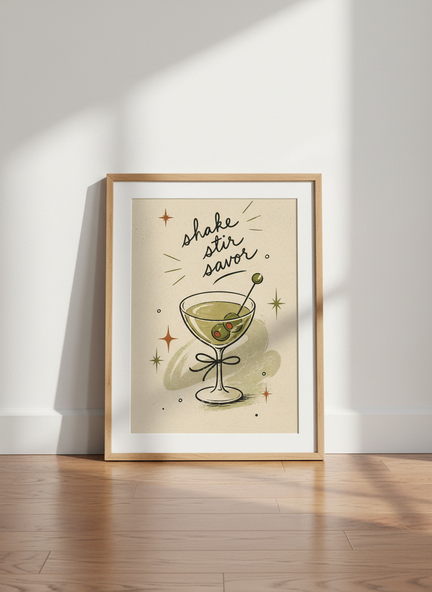 Retro Martini Glass Art | Mid Century Modern Bar Decor, Kitchen Poster
