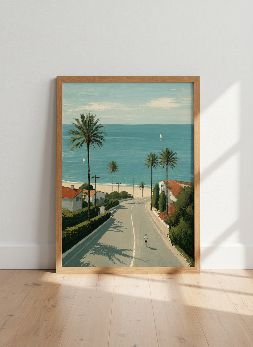 Mediterranean Coastal Road Art Print | Beach House Wall Decor | Palm Tree Poster