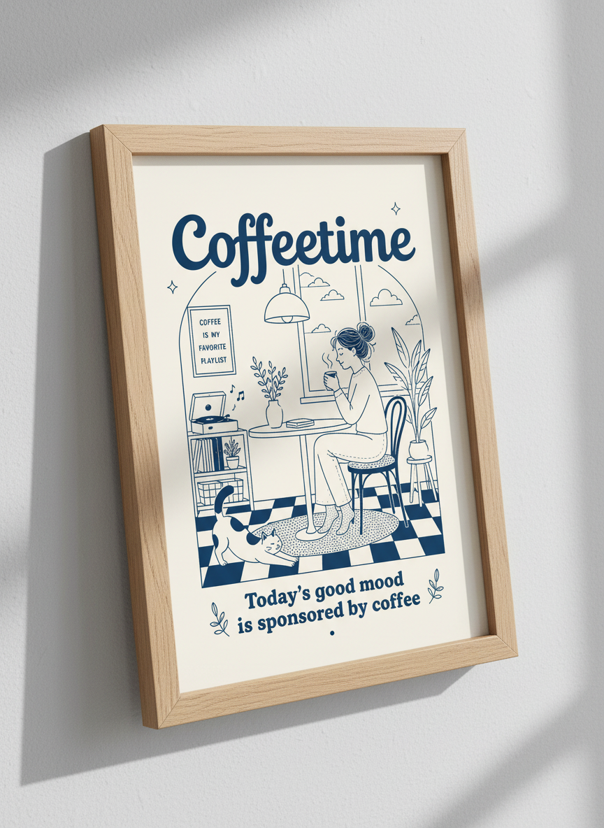 Coffetime Retro Line Art Print | Navy Kitchen Decor | Cozy Coffee Lover Poster
