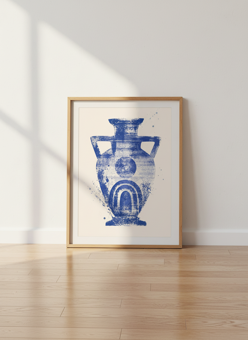 Greek Vase Wall Art | Cobalt Blue Mediterranean Print, Minimalist Decor