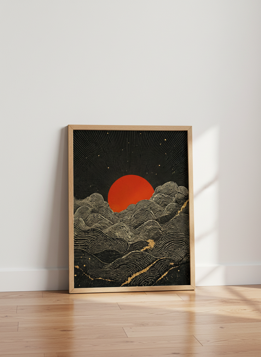 Red Sun & Gold Waves Wall Art | Japanese Style Landscape | Celestial Zen Poster