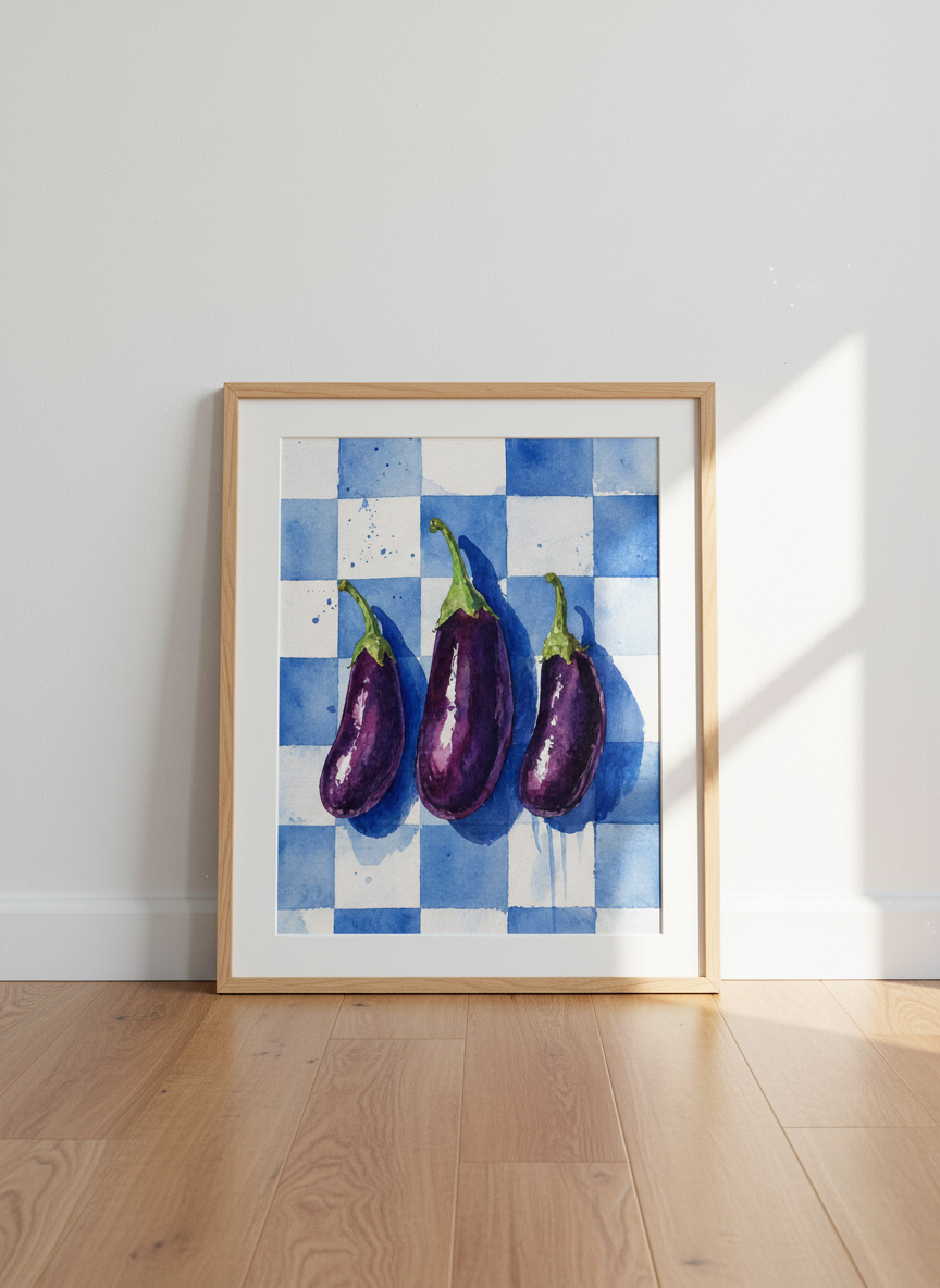 Eggplant Watercolor Print | Purple Kitchen Wall Art, Blue Checkered Poster
