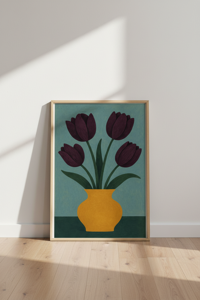 Minimalist Floral Framed Wall Art | Deep Purple Tulips in Vase Poster | Modern Boho Living Room Decor | Ready to Hang Art Print