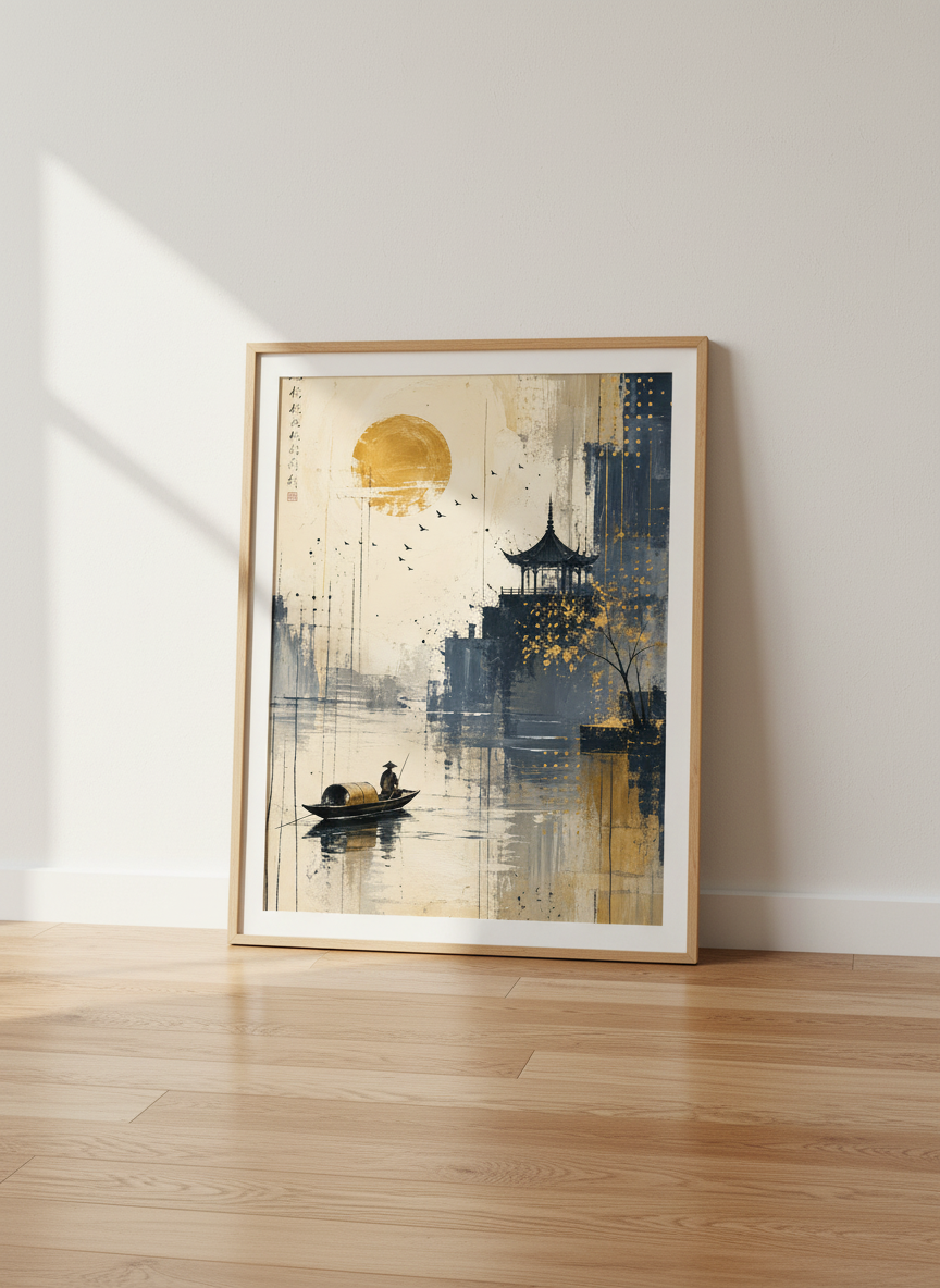 Japanese Pagoda Landscape Art | Navy & Gold Abstract, Zen Home Decor Poster