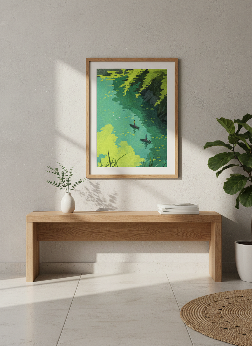 Paddleboarding River Art Print | Green Water Landscape | Nature Home Decor Poster