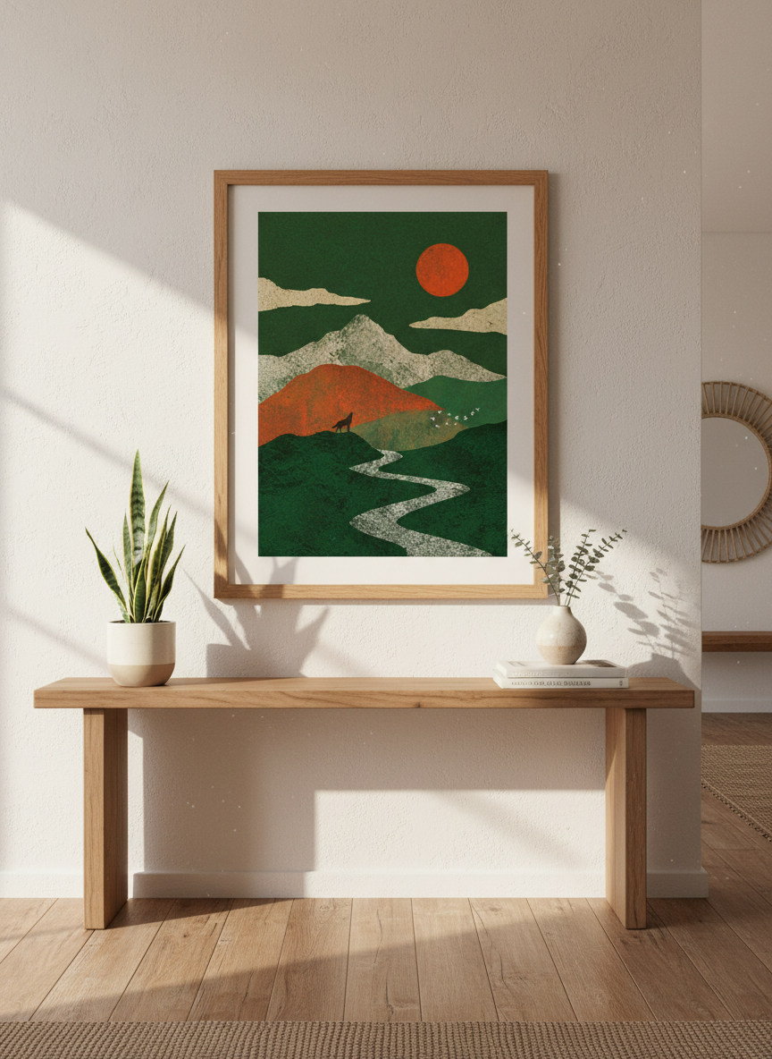 Wolf Howling Art, Textured Landscape Print | Bohemian Forest Decor, Green Mountain Poster