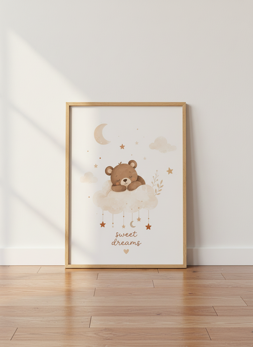 Sleeping Bear Nursery Wall Art | Boho Watercolor Poster, Sweet Dreams Baby Room Decor