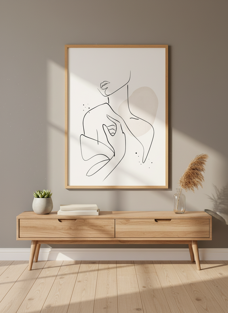 Minimalist Woman Line Art | Abstract Nude Figure, Beige Aesthetic Decor