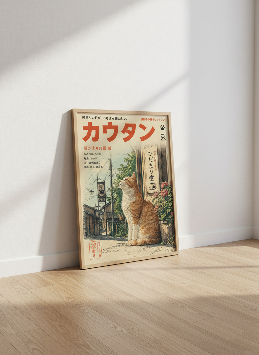 Japanese Cat Magazine Wall Art | Retro Ginger Tabby Poster, Japandi Living Room Decor