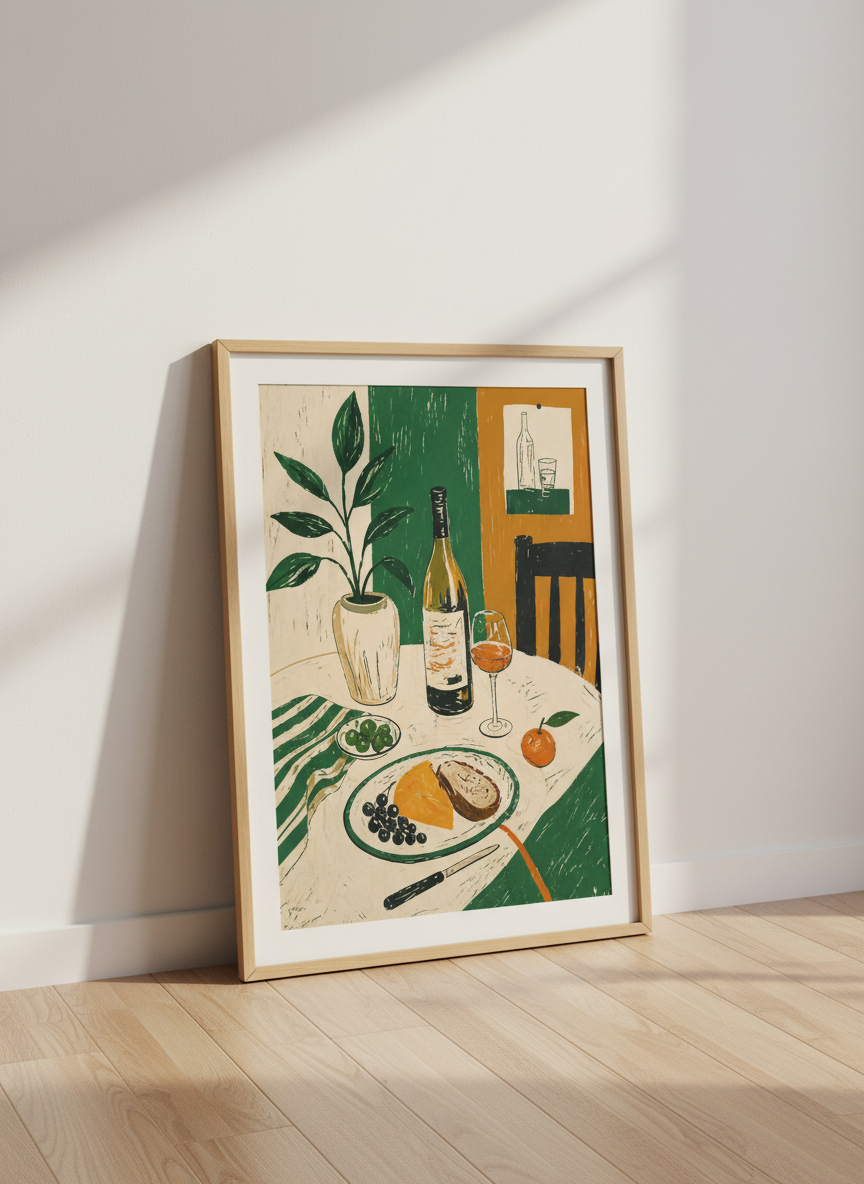 Mediterranean Still Life Wall Art | Green & Ochre Kitchen Print, Dining Room Decor