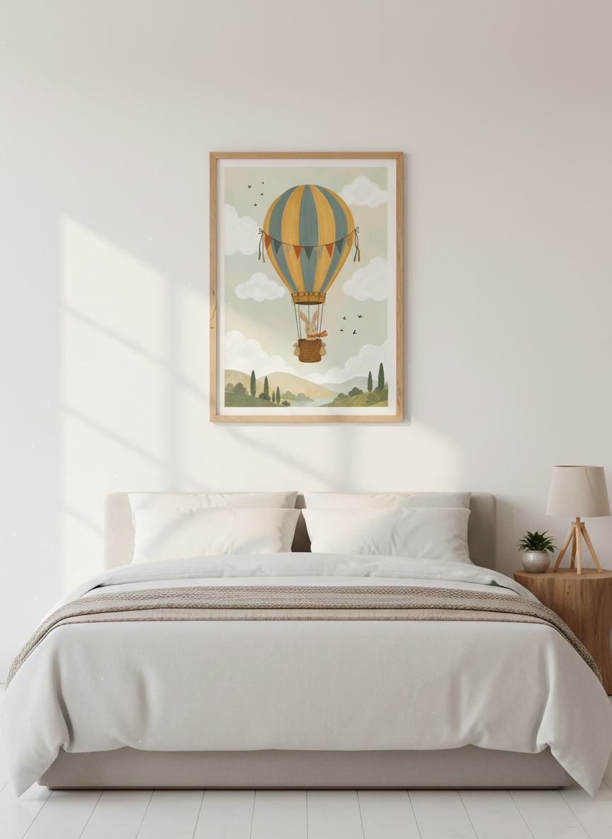 Bunny in Hot Air Balloon Art | Muted Earth Tones, Gender Neutral Nursery Decor