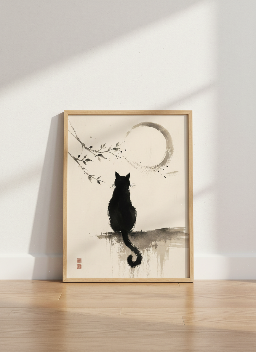 Japanese Black Cat Moon Wall Art | Minimalist Ink Poster | Zen Living Room Decor