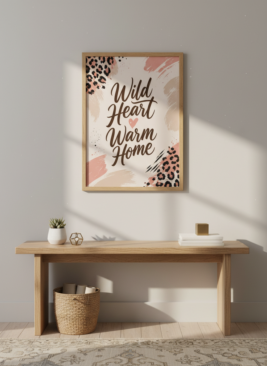 Wild Heart Warm Home Art | Leopard Print Beige Pink Minimalist Wall Decor | Boho Quotes