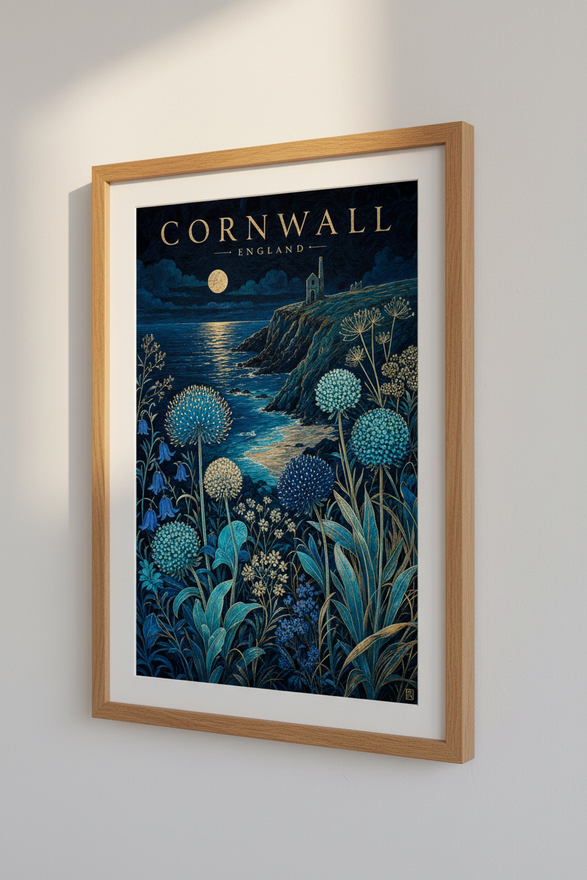Cornwall England Wall Art | Moonlit Coastal Landscape Poster, Navy Blue Room Decor