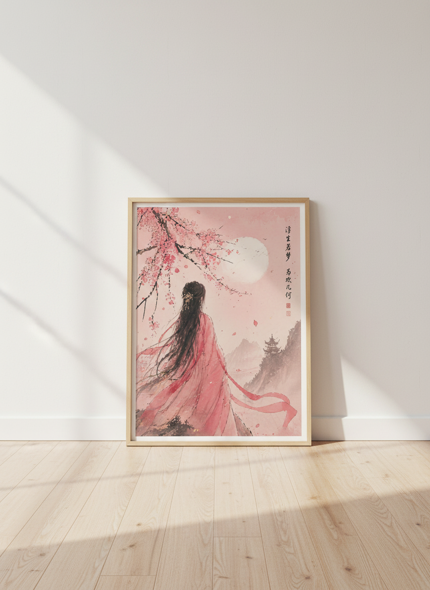 Chinese Woman & Cherry Blossom Art | Pink Ink Wash Style, Zen Aesthetic Wall Decor