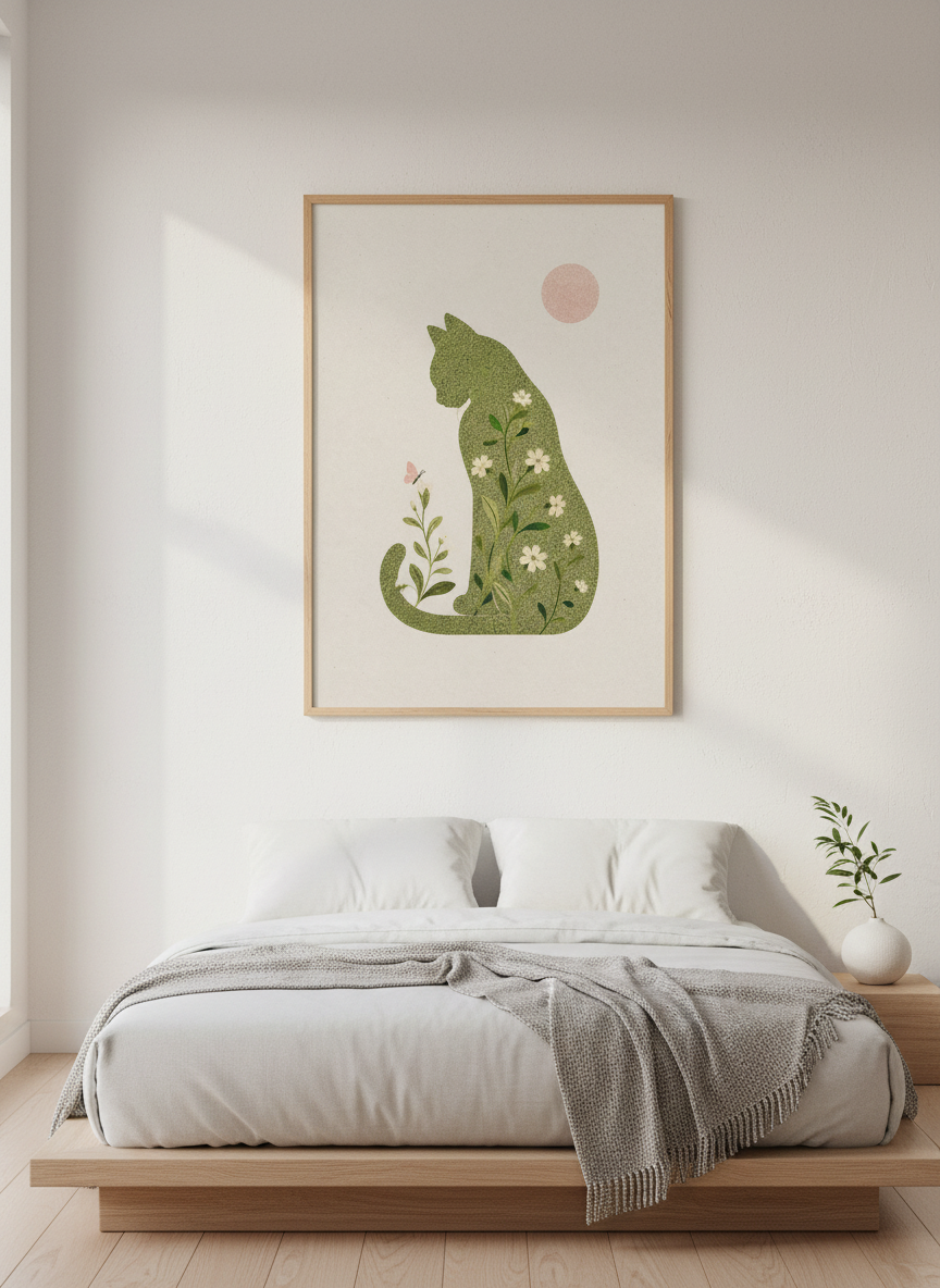 Floral Cat Silhouette Wall Art | Boho Botanical Green Decor, Nursery Nursery Poster