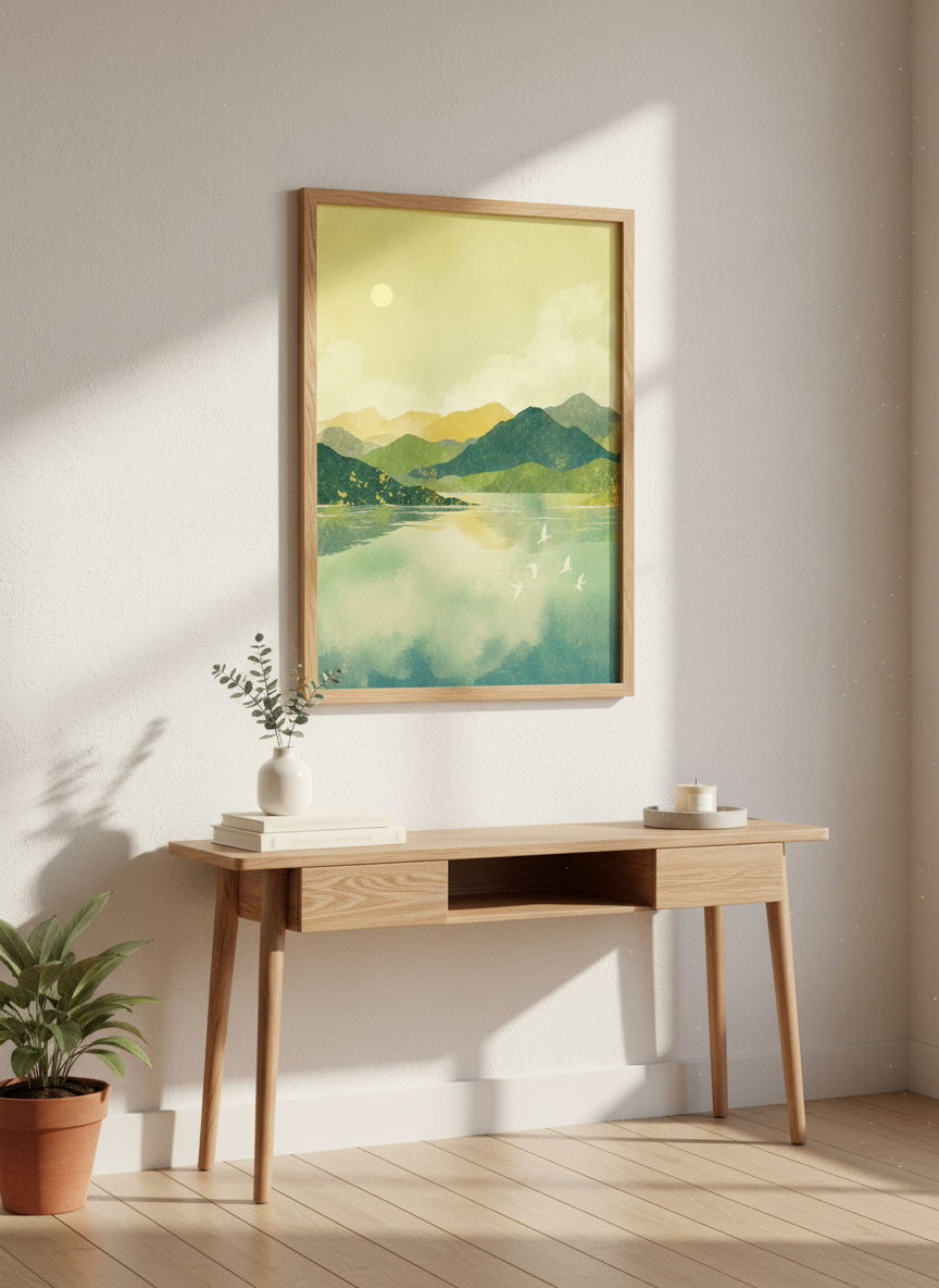 Zen Mountain Lake Scene Wall Art | Nature Landscape Home Decor | Blue Green Gold Print