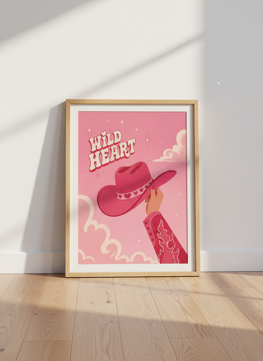 Wild Heart Pink Cowgirl Wall Art | Retro Western Poster, Dorm & Bedroom Decor