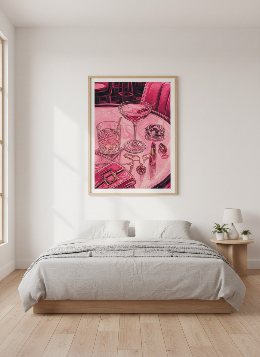 Pink Cocktail Wall Art | Glitzy Martini Poster, Trendy Bar Cart Decor