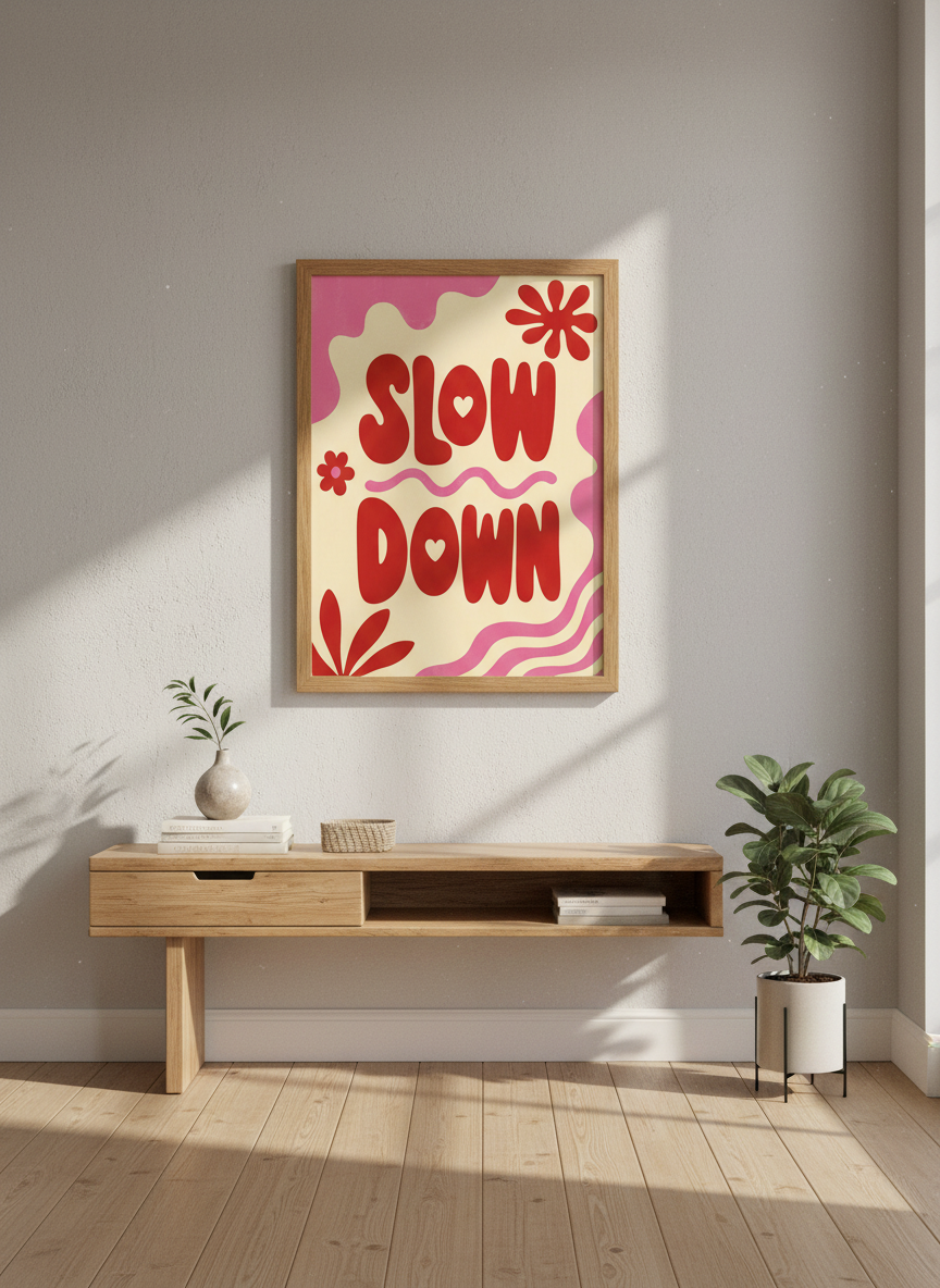 Slow Down Quote Art Print | Retro Pink Red Wall Decor | Trendy Preppy Dorm Poster